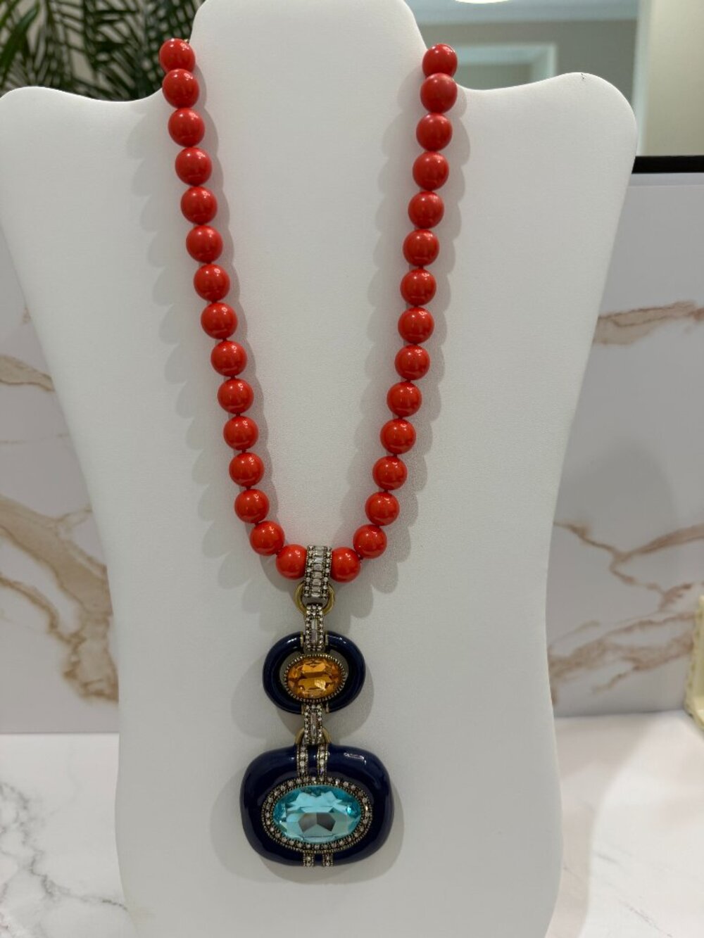 Heidi Daus Coral Bead & Enamel Crystal Drop Necklace